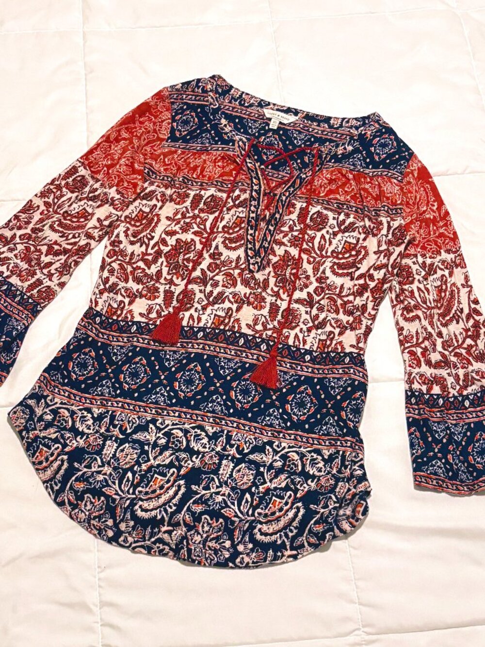 Lucky Brand Paisley Tassel Tie Boho Tunic Sz XS